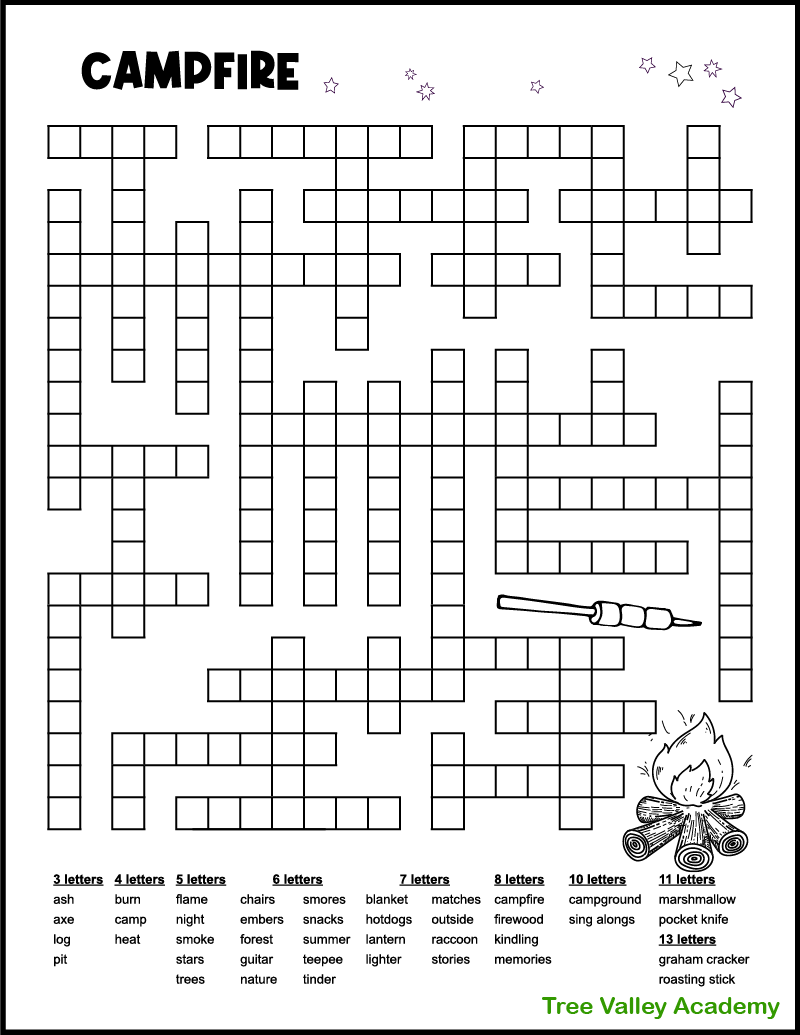 campfire camping word fill in puzzle - tree valley academy